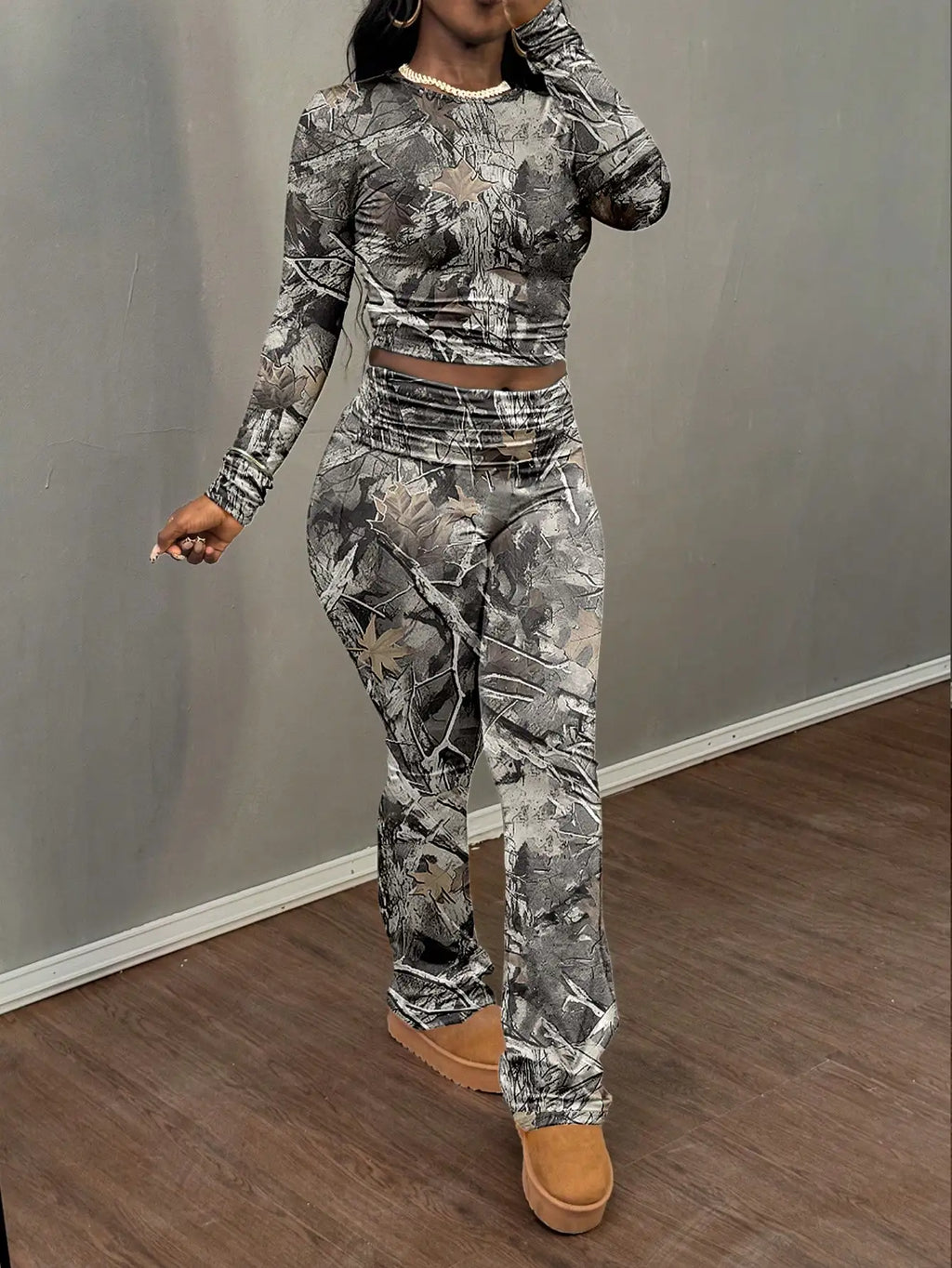 Women Clean Girl Round Neck Long Sleeve T-Shirt & Pants Casual Set, Spring