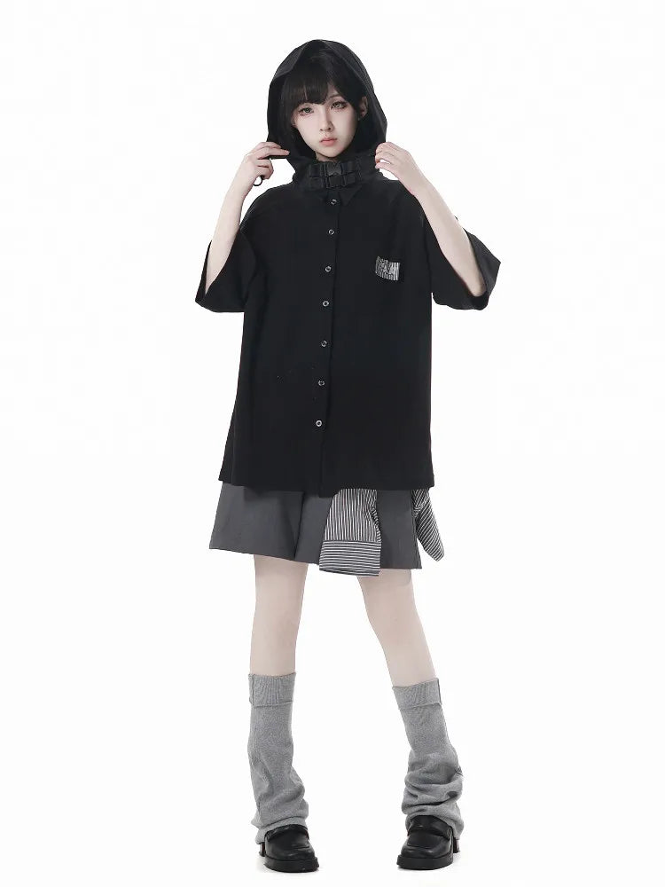Neutral Design Vest Hooded Jacket Apricot Gray Casual Suit Summer Daily Versatile Casual Hooded Short-sleeved Jacket Shorts Suit