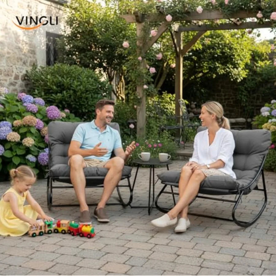 VINGLI Rocking Patio Chairs Set of 2 with Side Table Heavy Duty 400 LBS Capacity Padded Outdoor Indoor Rockers Grey