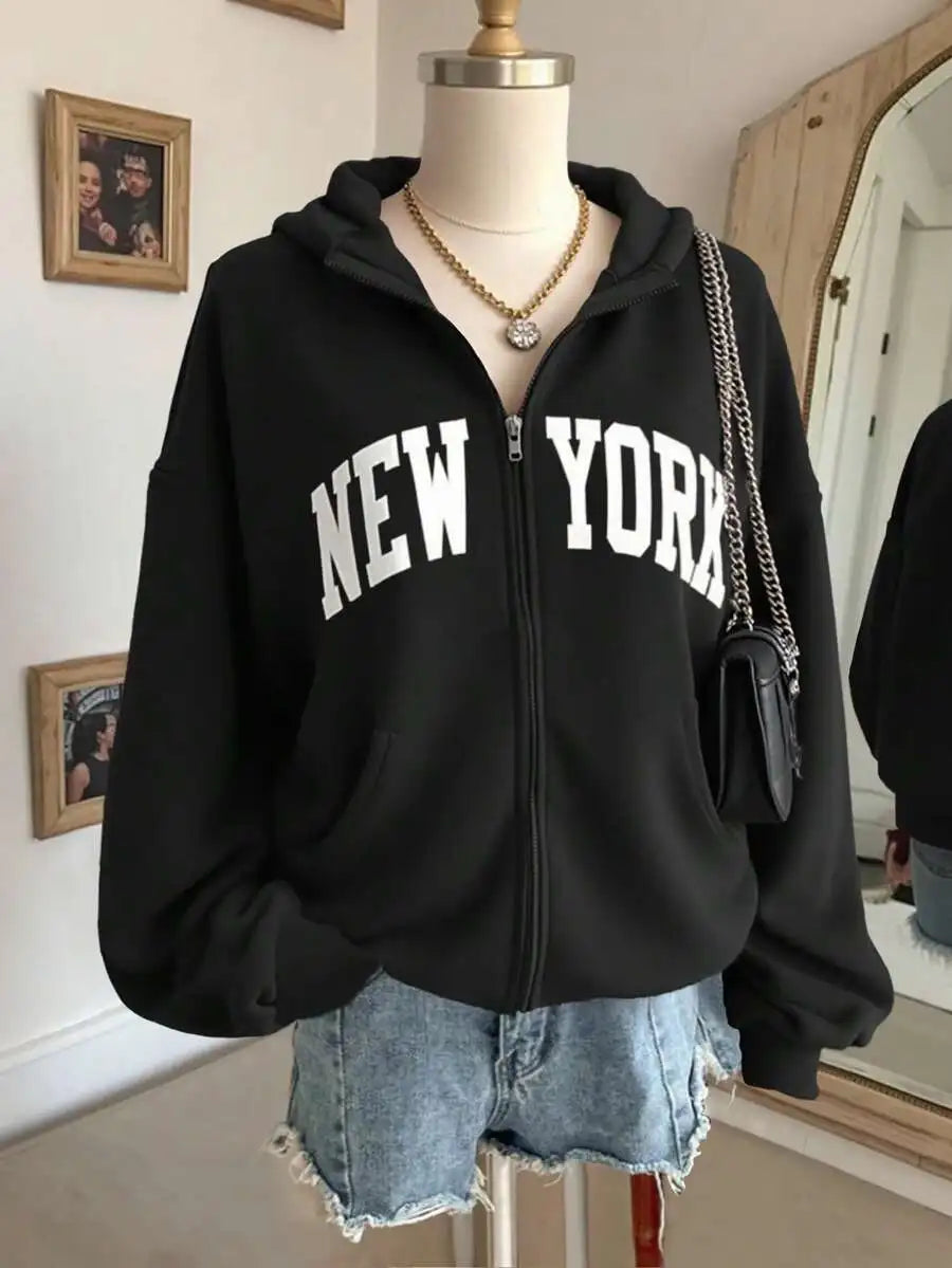 Women's Oversized Zip-Up Hoodie with Bold Arch Letter Graphic